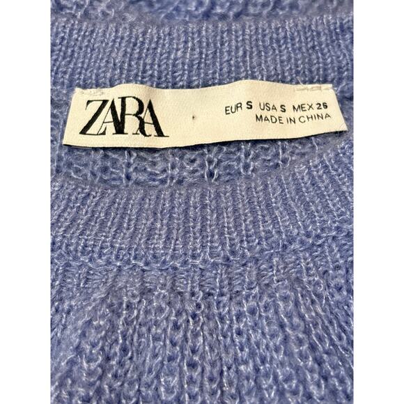 Zara NWOT Ruffled Sweater S Blue Long Sleeves Chunky Knit Crop Pullover Crochet - Picture 6 of 7